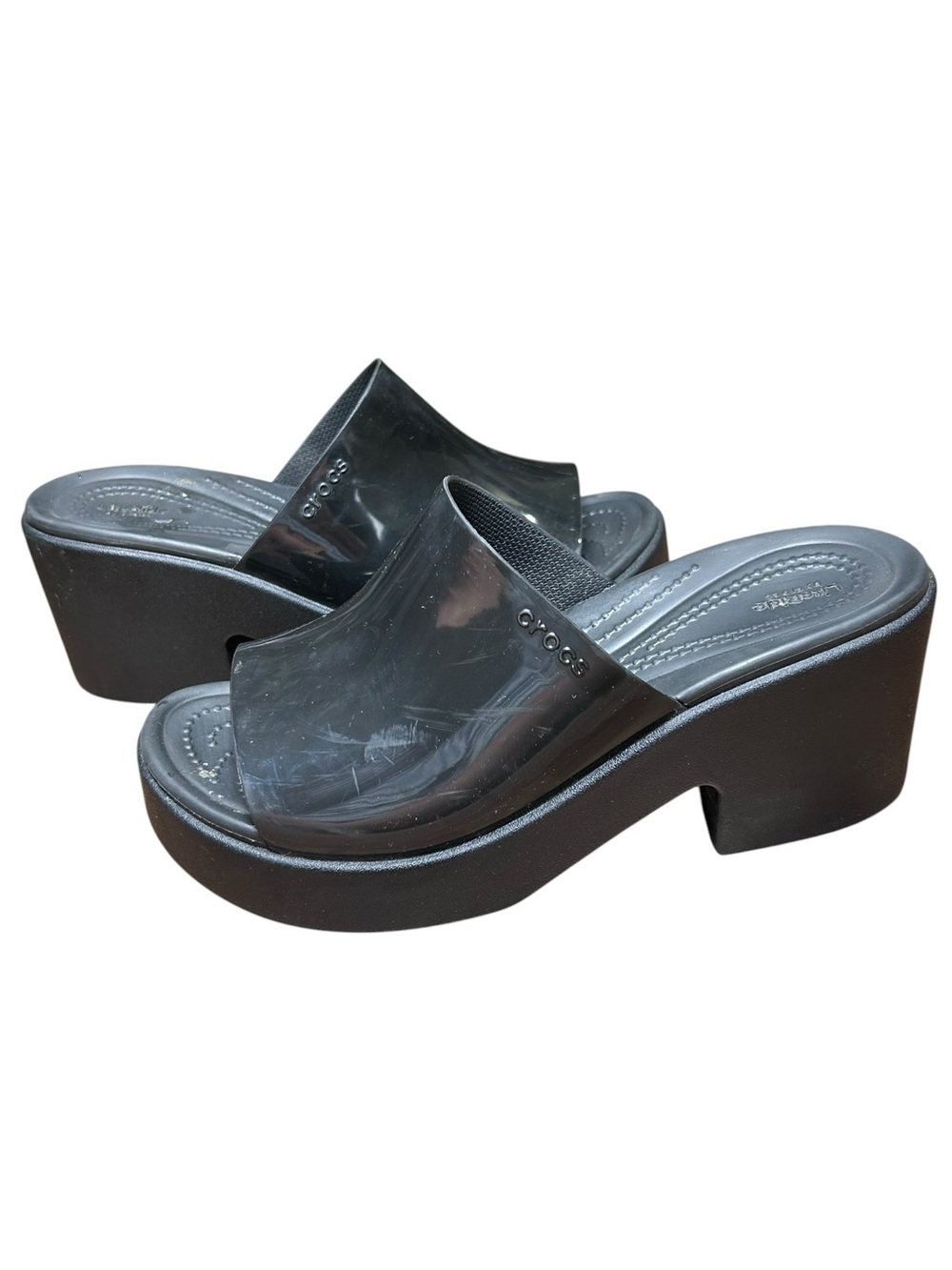 Crocs Brooklyn black lite ride high shine wedge heel Sandles size 8 Y2K Bratz